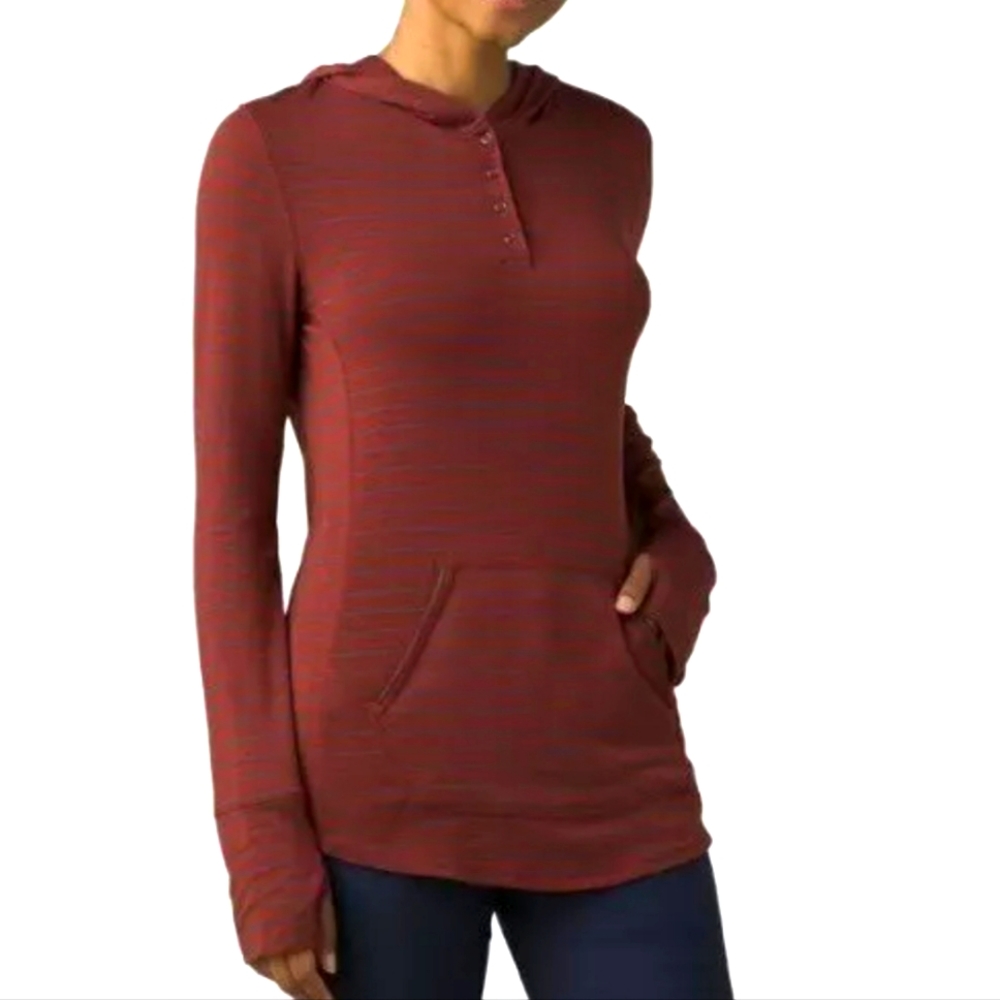 NWT Prana Sol Protect Soft Hoodie Rhubarb Burgundy Navy Stripe S Tencel - Picture 3 of 8